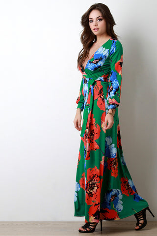 Floral Print Surplice Long Sleeve Maxi Dress
