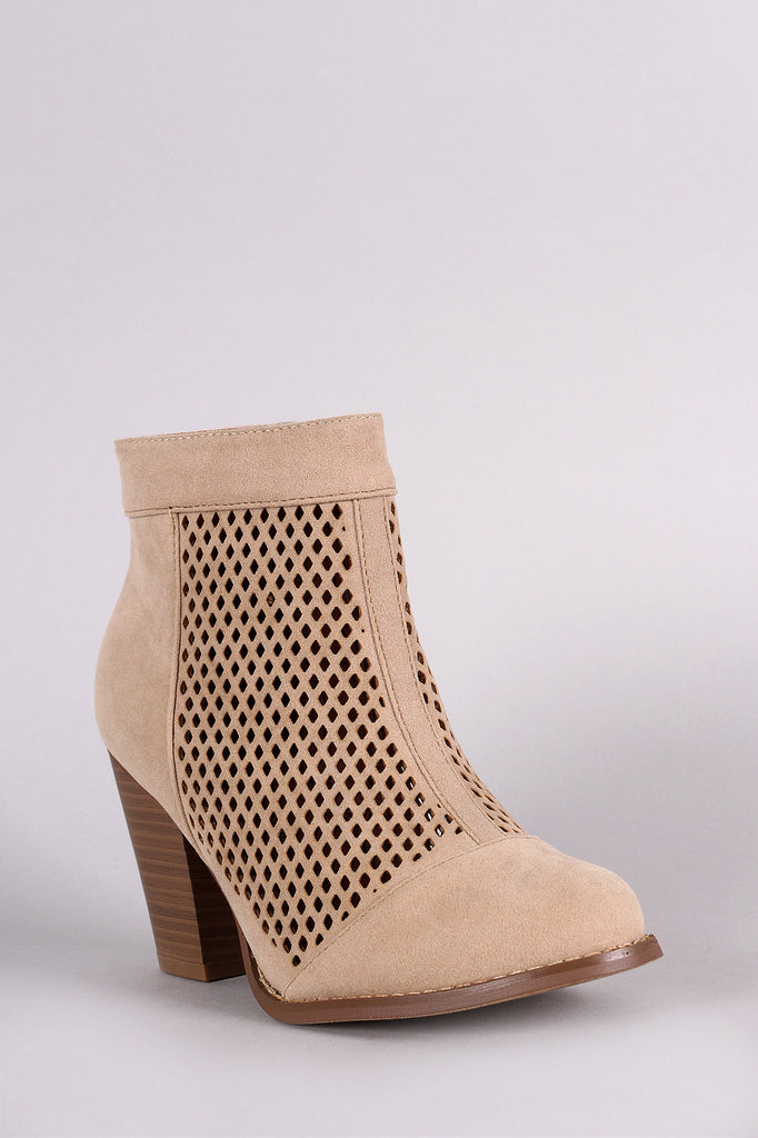 Perforated Suede Chunky Heeled Booties