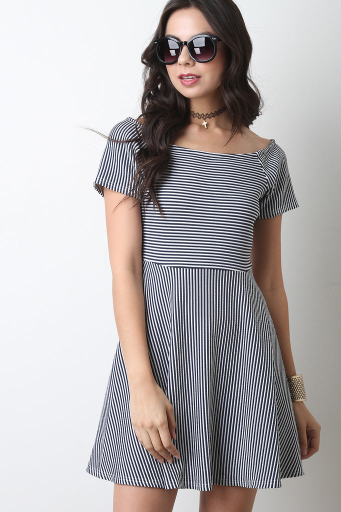 Textured Stripe Short Sleeve Skater Dress