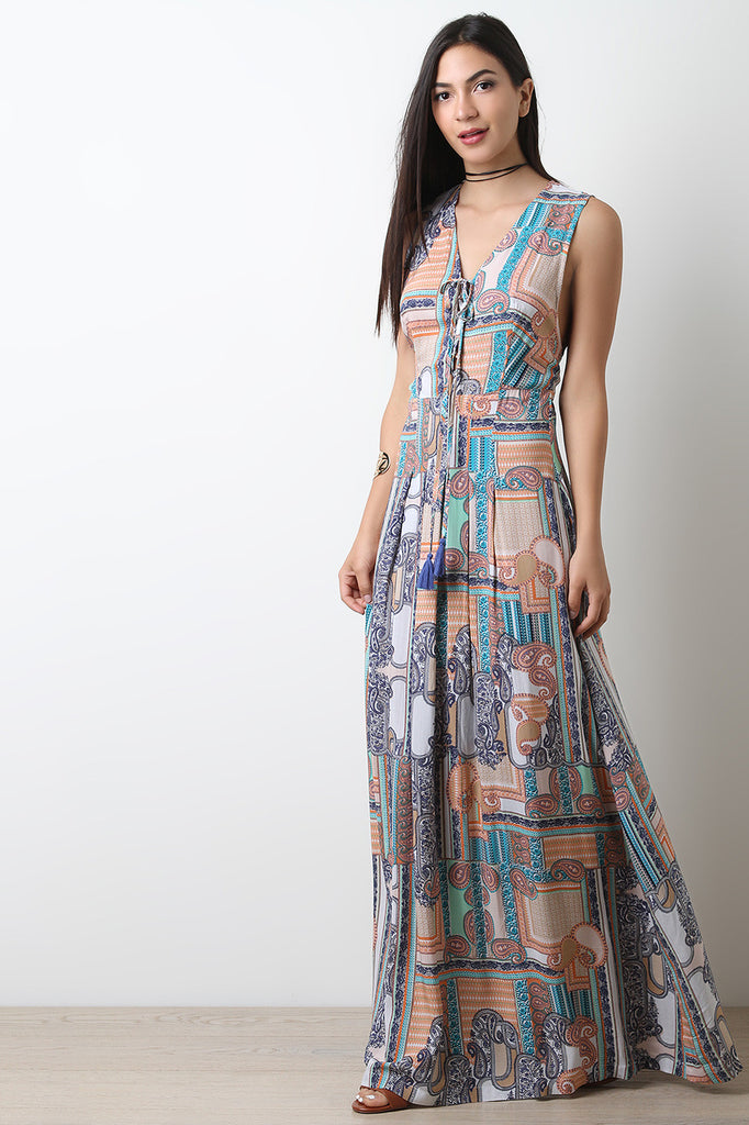 Bohemian Paisley Lace-Up Maxi Dress