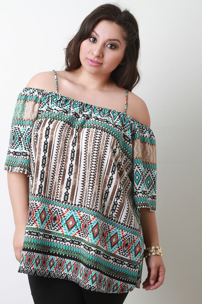Tribal Print Cold Shoulder Elbow Sleeve Blouse Top