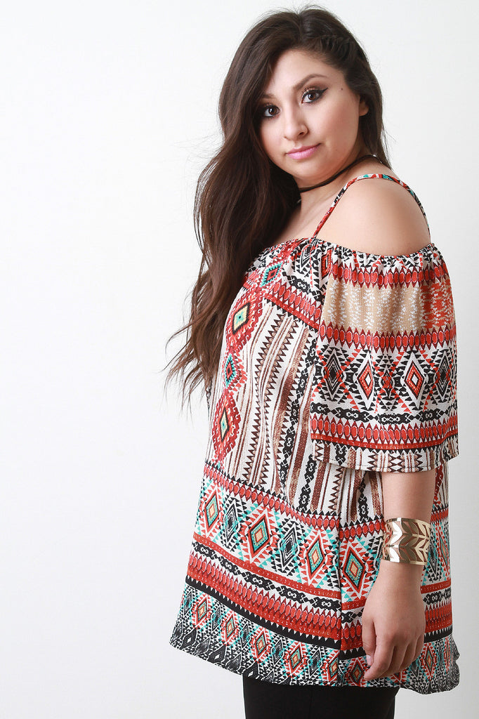Tribal Print Cold Shoulder Elbow Sleeve Blouse Top