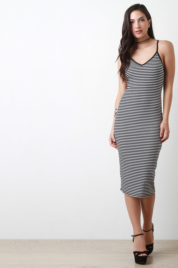 Striped V-Neck Sleeveless Midi Dress