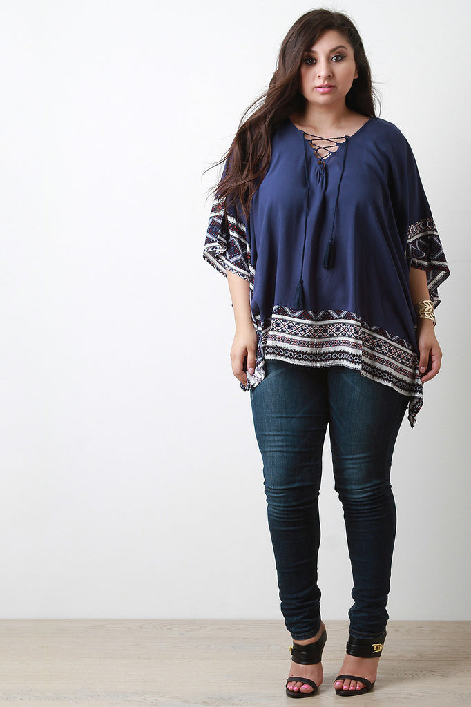 Patterned Print V-Neck Lace-Up Top