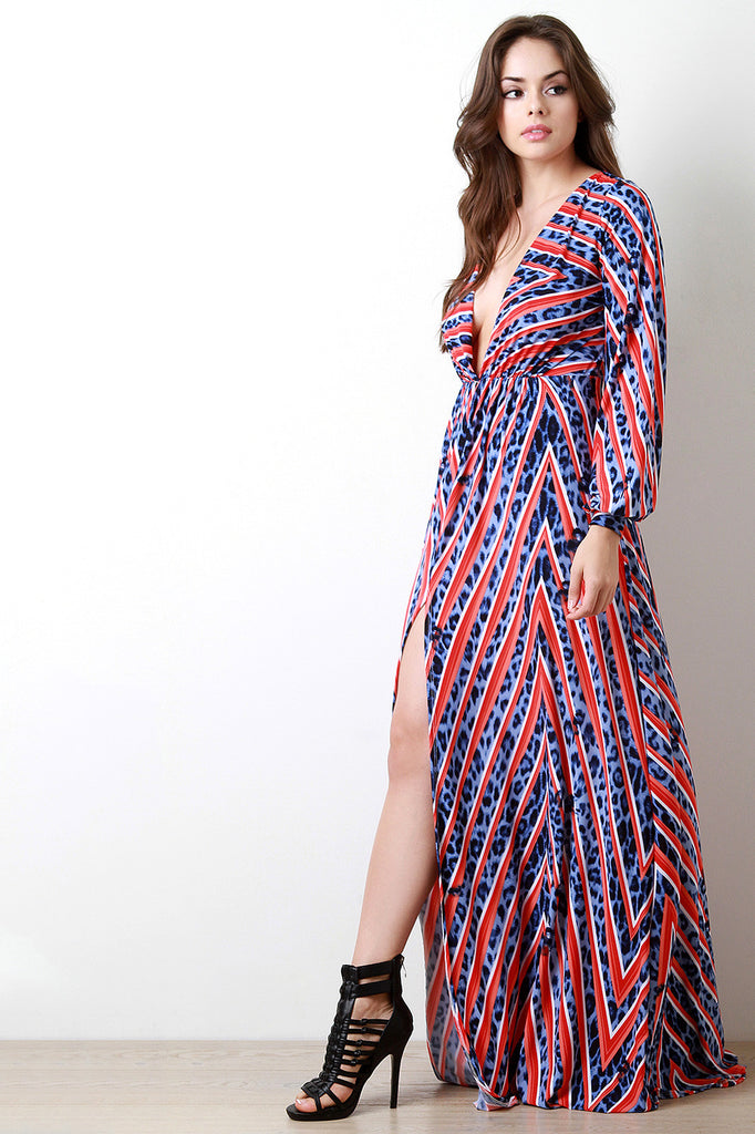 Leopard Zigzag Plunging V Longsleeve Maxi Dress