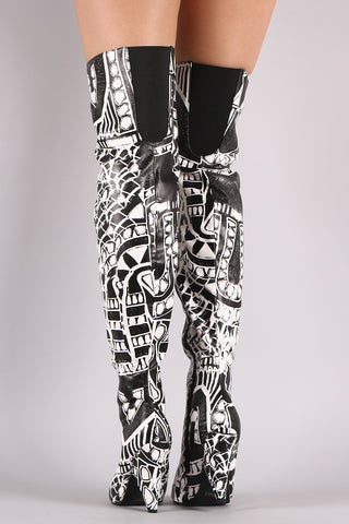 Graphic Print Peep Toe Cone Heeled Over-The-Knee Boots