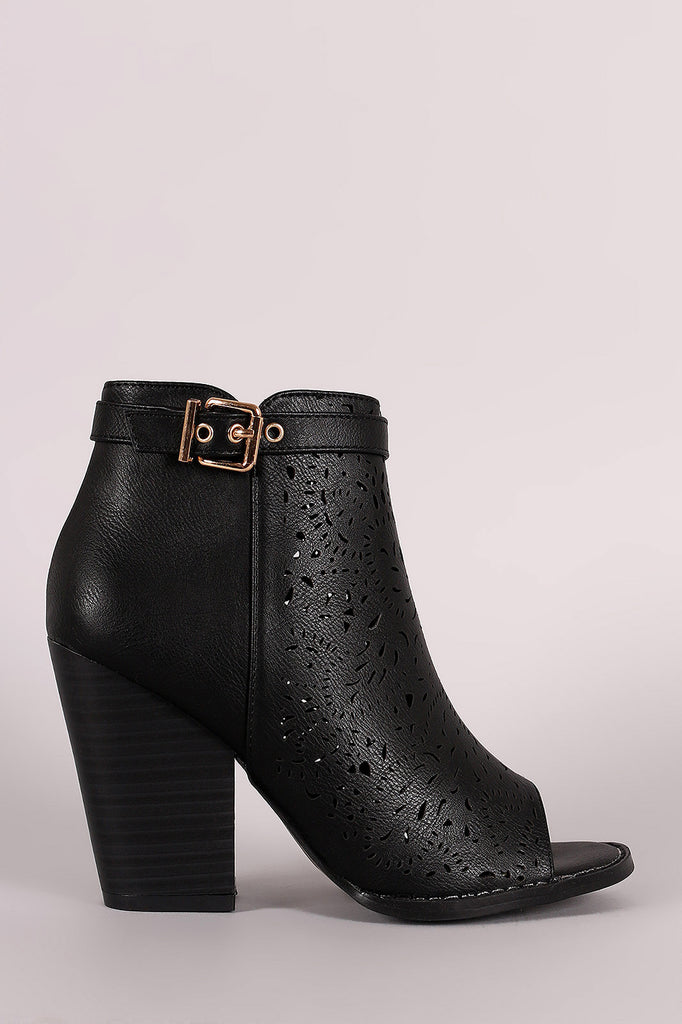 Perforated Side Buckle Peep Toe Booties