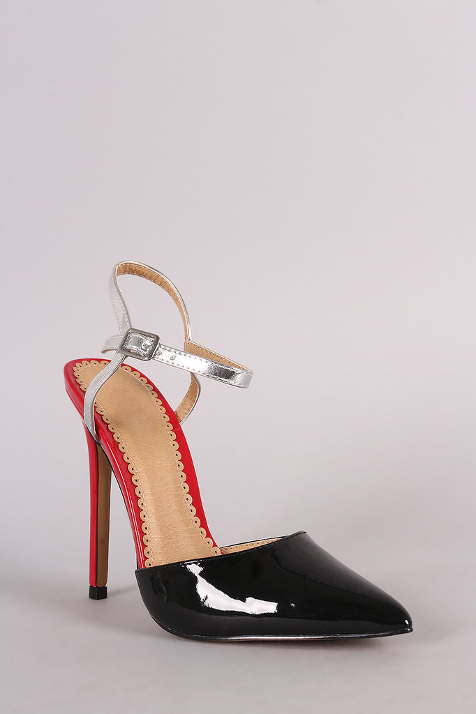 Patent Colorblock Pointy Toe Ankle Strap Pump