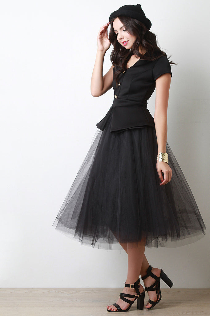 Peplum Top Contrast Tulle Skirt Midi Dress