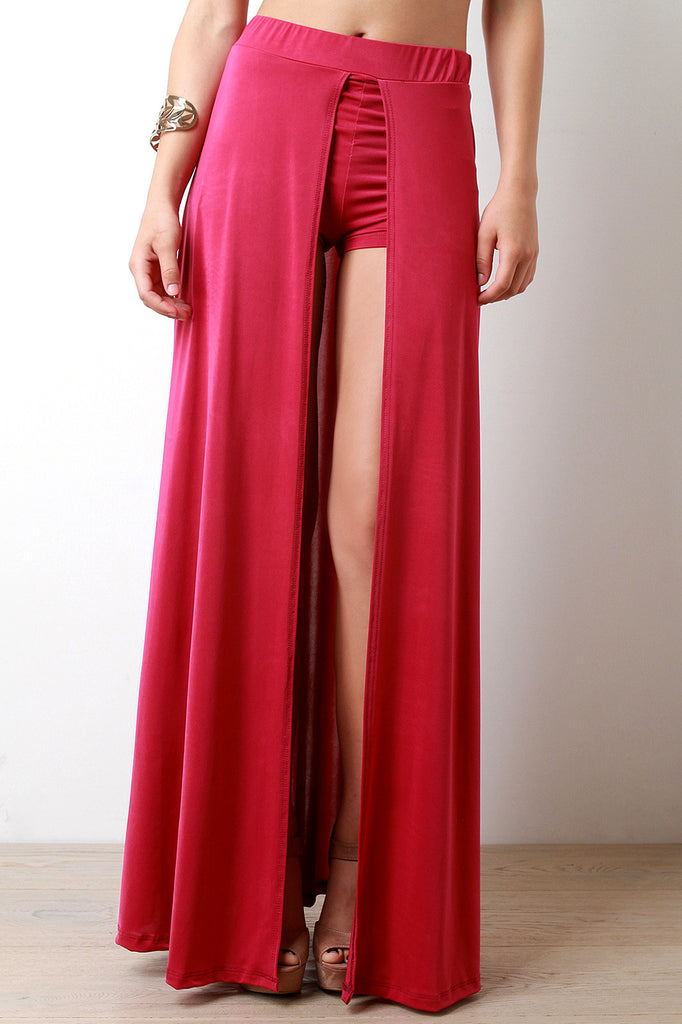 Solid Open Front Inside Shorts Maxi Skirt