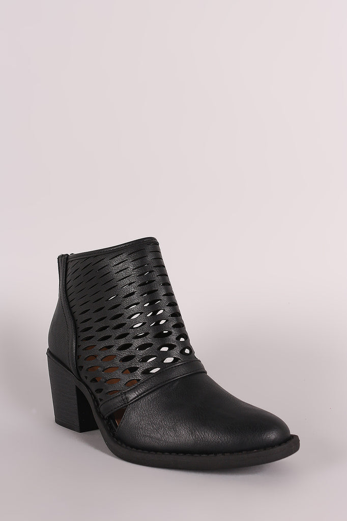Qupid Perforated Cowgirl Chunky Heeled Booties
