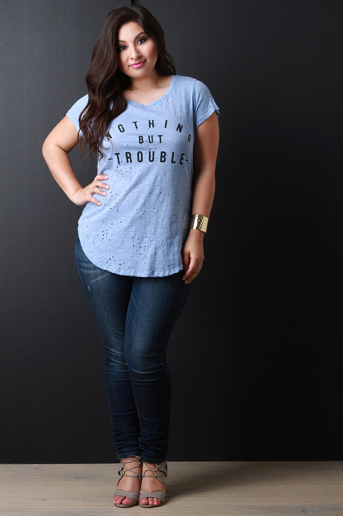 Nothing But Trouble Graphic Print Distressed Tee