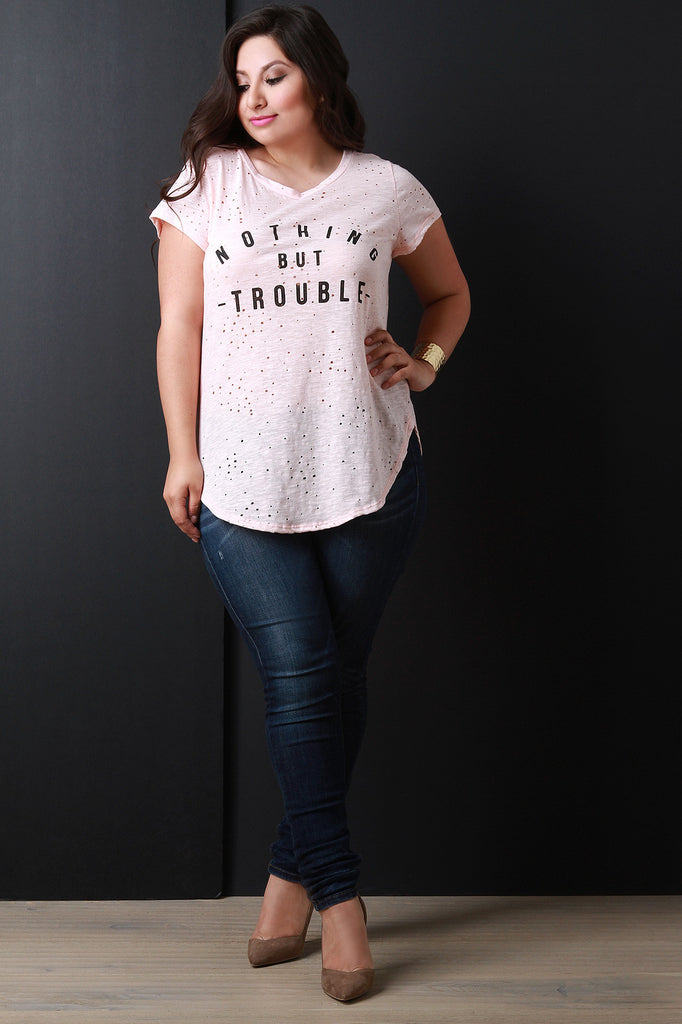 Nothing But Trouble Graphic Print Distressed Tee