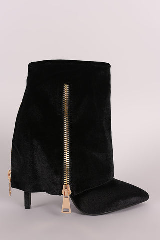 Suede Fold Down Shaft Zipper Accent Stiletto Booties