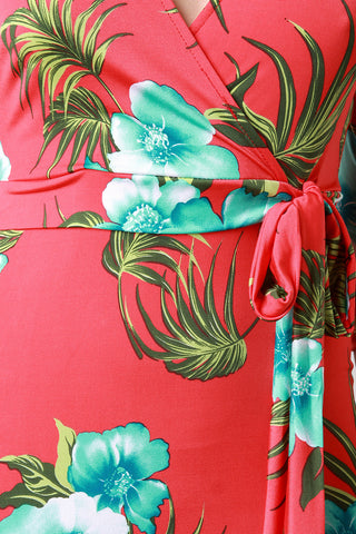 Aloha Flowers Surplice Waist Sash Maxi Dress