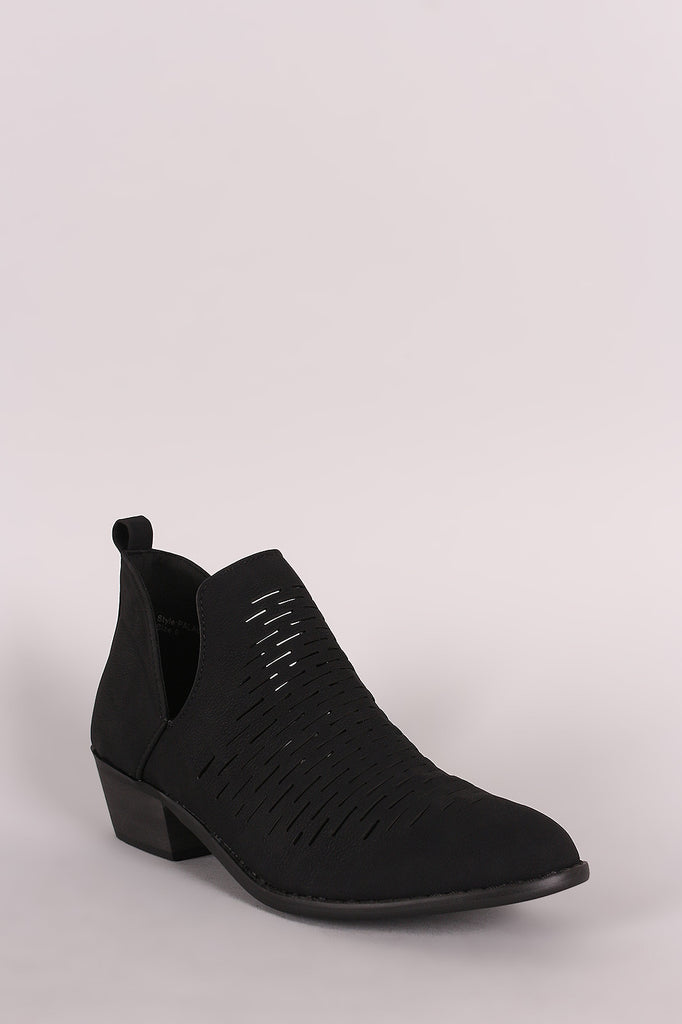 Perforated Side Slit Round Toe Ankle Boots