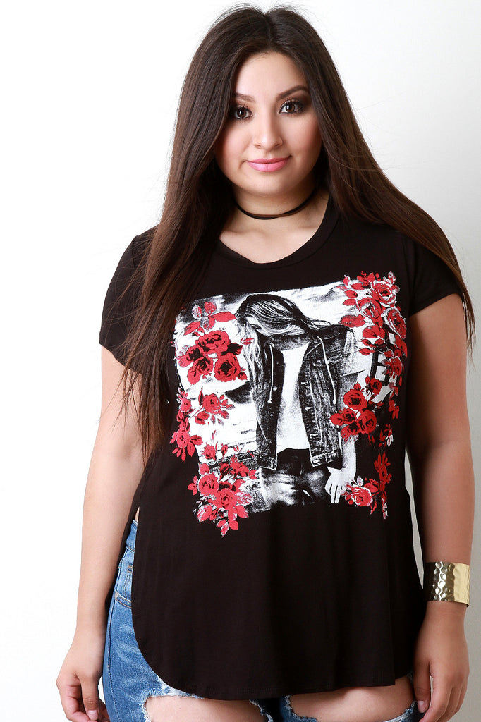 Vintage Gal and Roses Graphic Print Top