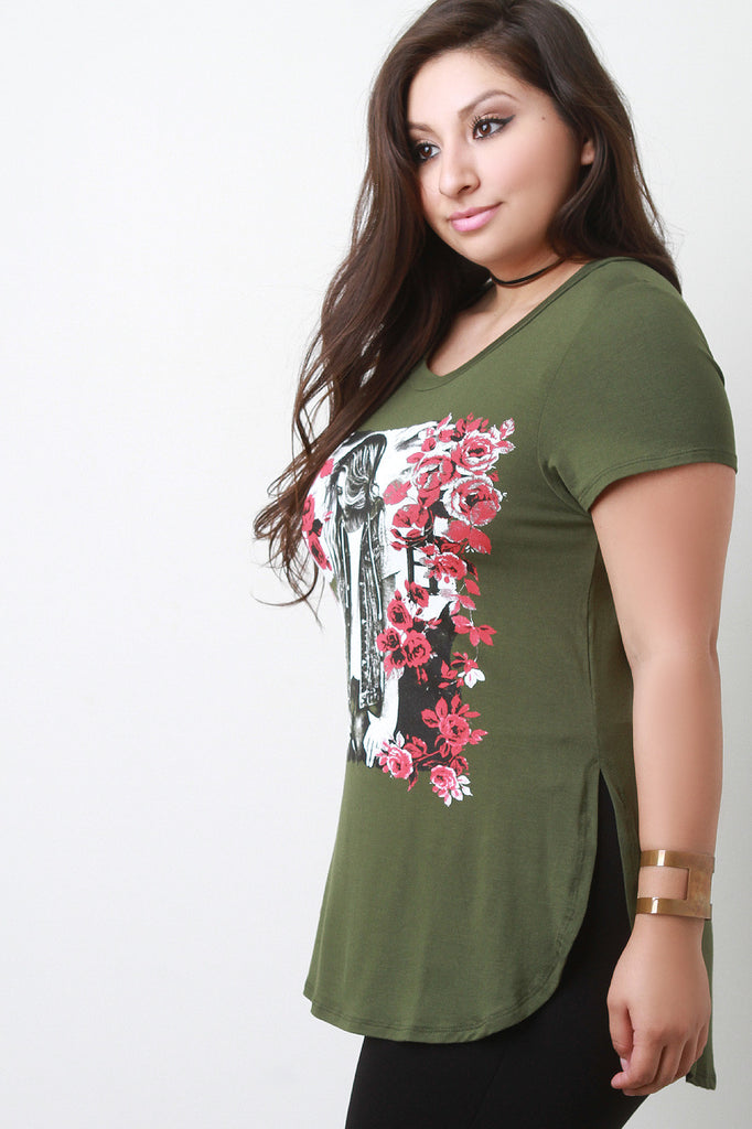 Vintage Gal and Roses Graphic Print Top