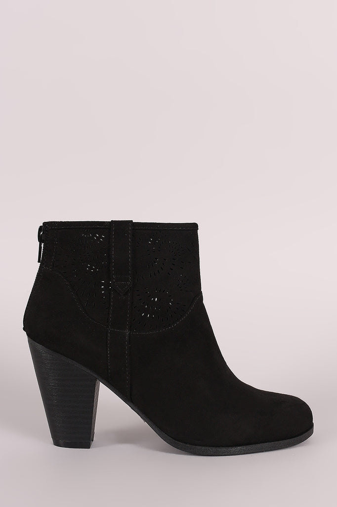 Qupid Perforated Patterned Chunky Heeled Booties