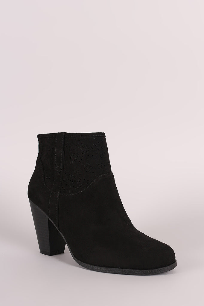 Qupid Perforated Patterned Chunky Heeled Booties