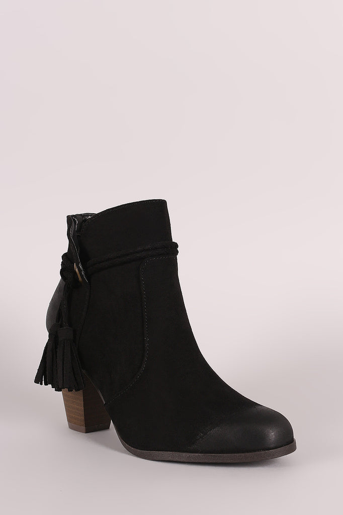 Qupid Burnished Suede Tassel Chunky Heeled Ankle Boots