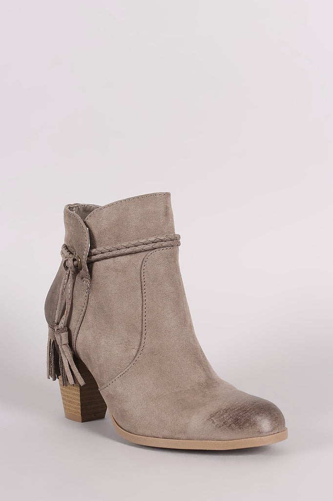 Qupid Burnished Suede Tassel Chunky Heeled Ankle Boots