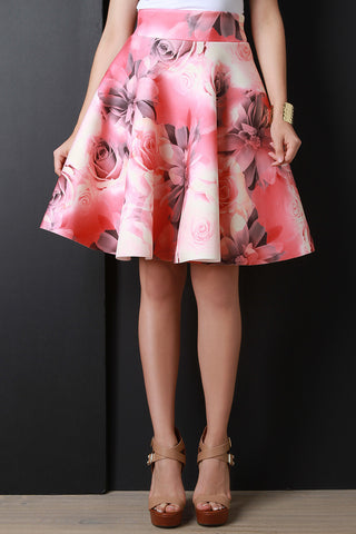 High Waist Floral Print Neoprene Skirt