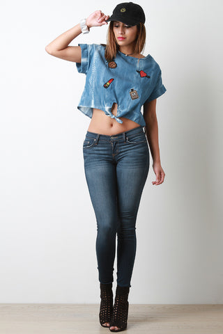 Acid Wash Chambray Patches Front-Tie Short Sleeve Crop Top