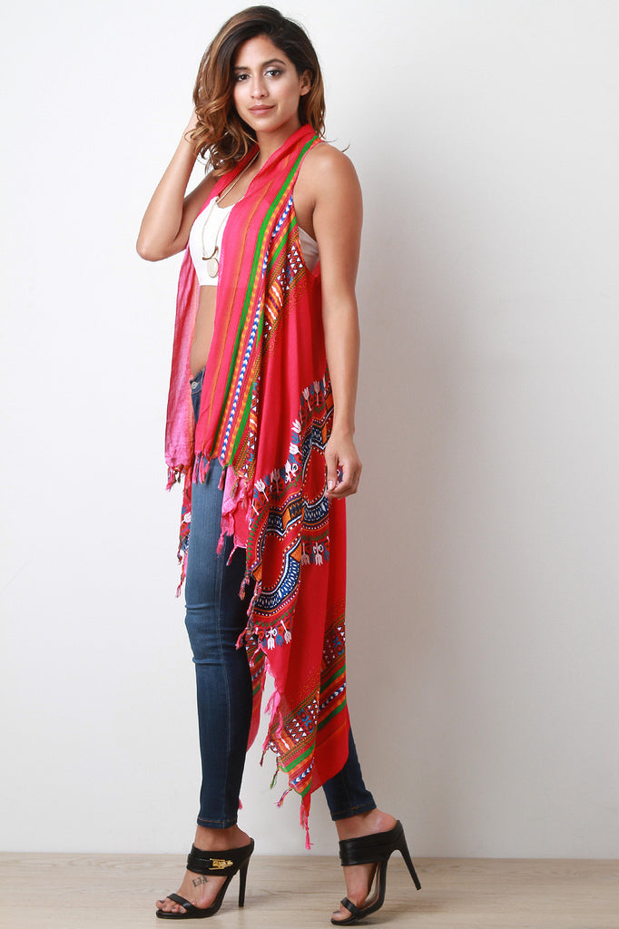 Colorful African Tribal Print Fringe Vest
