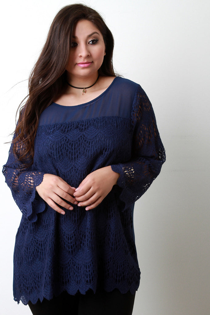 Contrast Semi-Sheer Crochet Lace Long Sleeve Top