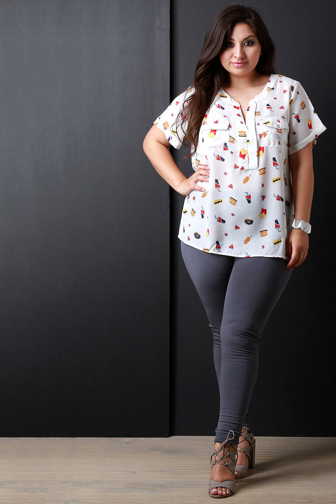 Refreshments Print Pocketed Placket Top