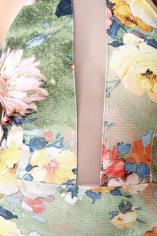 Floral Print Mesh Panel Halter Dress