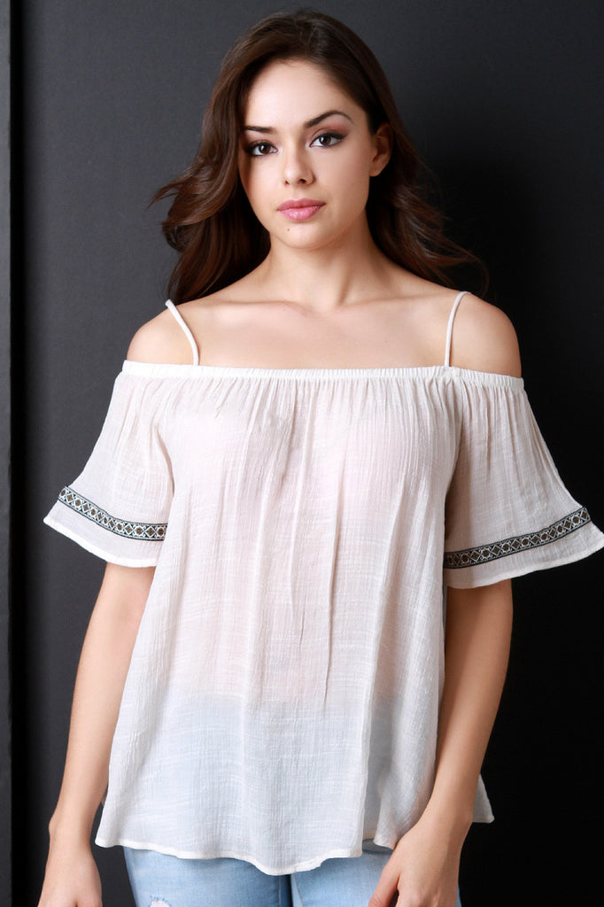 Cold Shoulder Embroidered Sleeve Woven Top