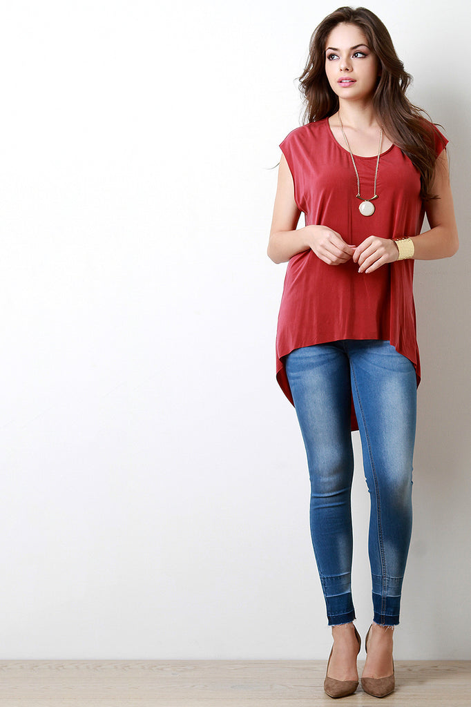 Draped Back Scoop Neck High Low Top