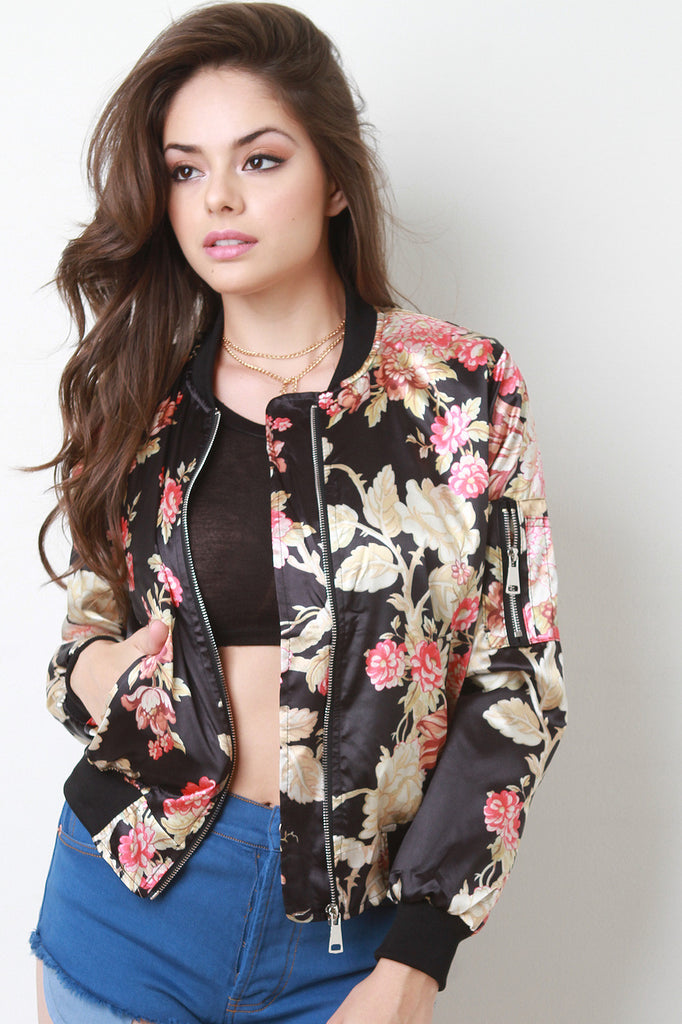 Charmeuse Floral Zip Accent Bomber Jacket