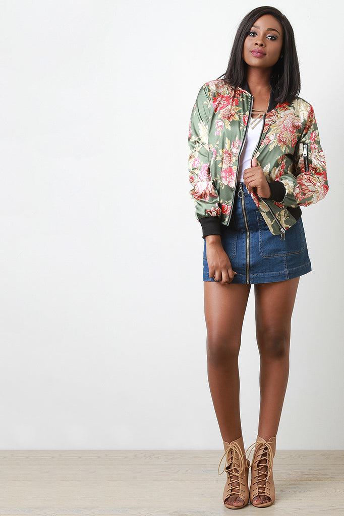 Charmeuse Floral Zip Accent Bomber Jacket