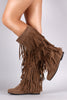 Suede Three Layer Fringe Mid Calf Boots