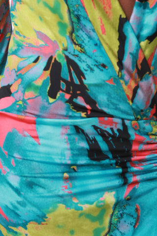 Abstract Watercolor Deep Slit Long Sleeves Maxi Dress