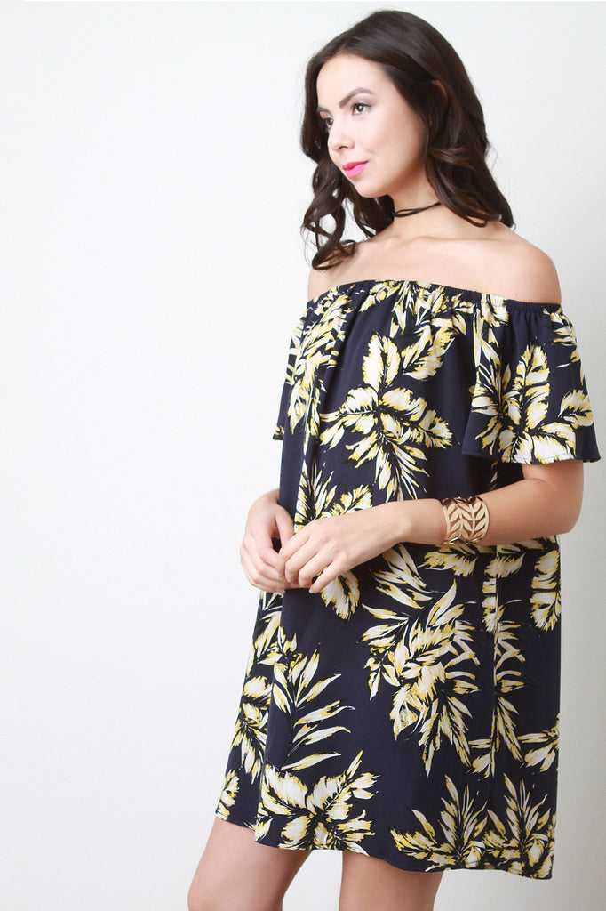 Off The Shoulder Tropical Leaf Motif Dress