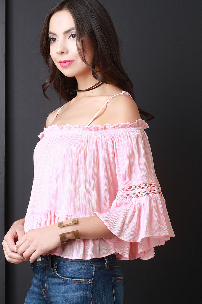 Crinkle Cold Shoulder Lace Inset Ruffle Blouse Top