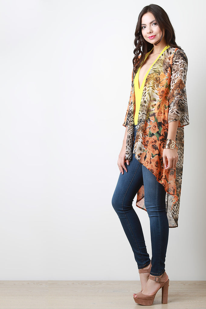 Rosette And Leopard Chiffon Open Front Cardigan