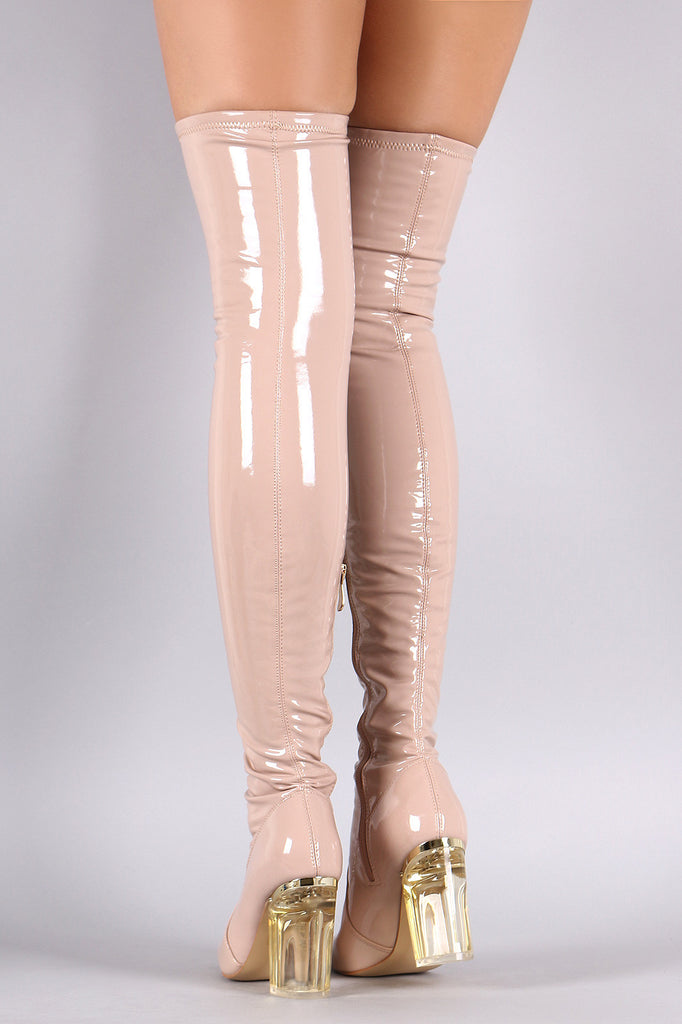 Patent Leather Chunky Lucite Heeled Over-The-Knee Boots