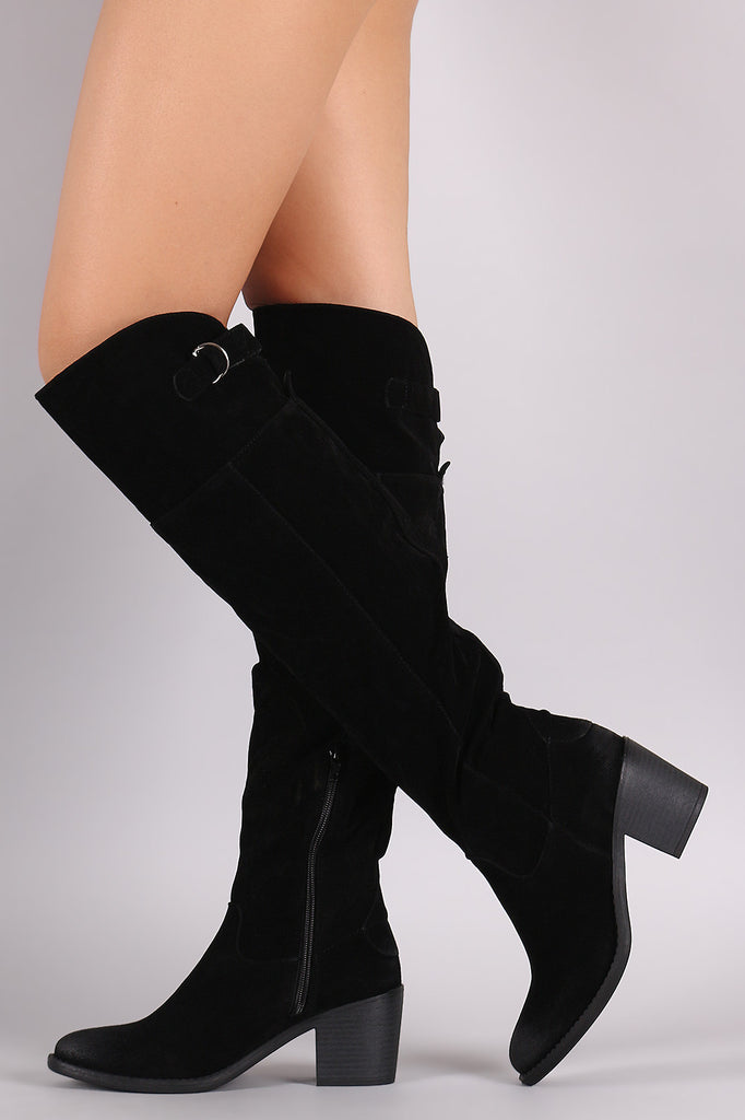 Qupid Suede Slit Buckled Strap Chunky Heeled Boots