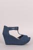 Denim Peep Toe T-Strap Platform Wedge