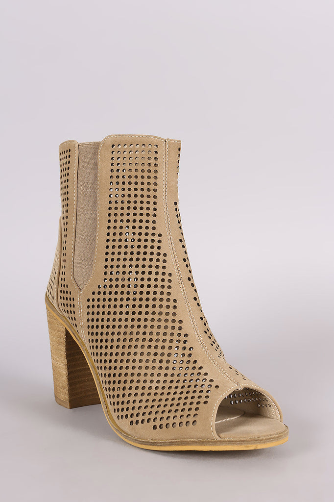 Perforated Peep Toe Chunky Heeled Booties