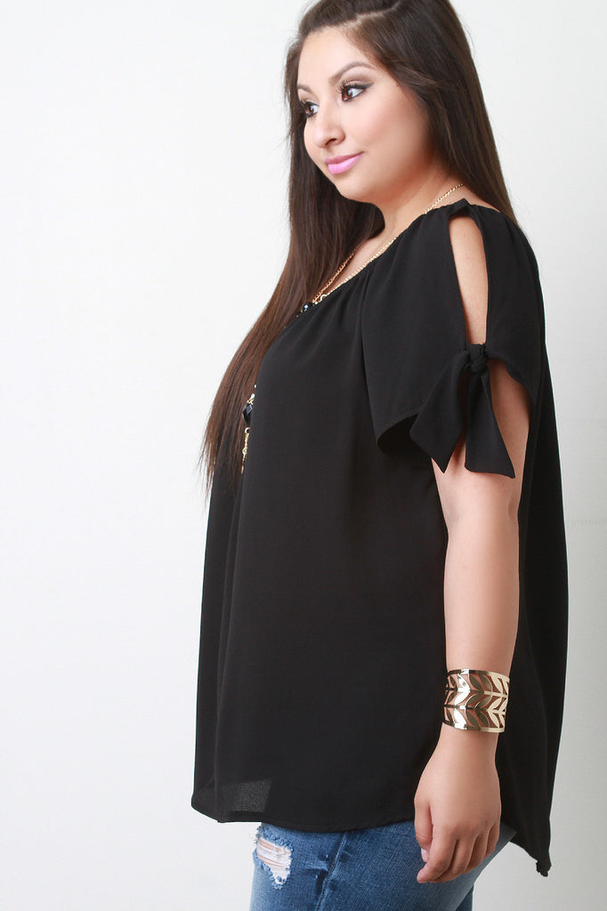 Cold Shoulder Knotted-Tie Necklace Blouse Top