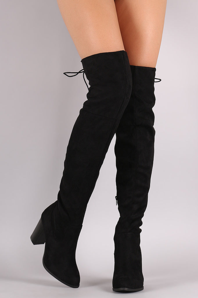 Qupid Suede Back Lace-Up Chunky Heeled Over-The-Knee Boots