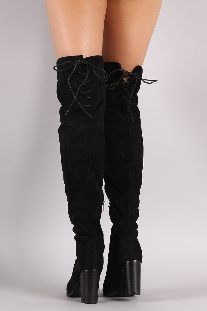 Qupid Suede Back Lace-Up Chunky Heeled Over-The-Knee Boots
