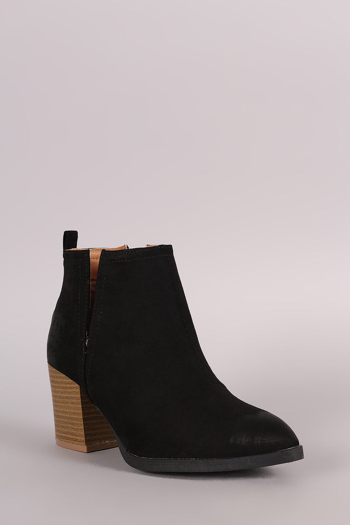 Qupid Suede Side Slit Pointy Toe Chunky Heeled Booties
