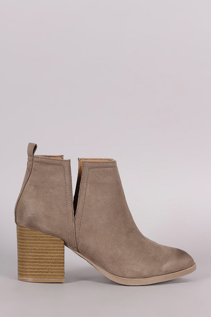 Qupid Suede Side Slit Pointy Toe Chunky Heeled Booties